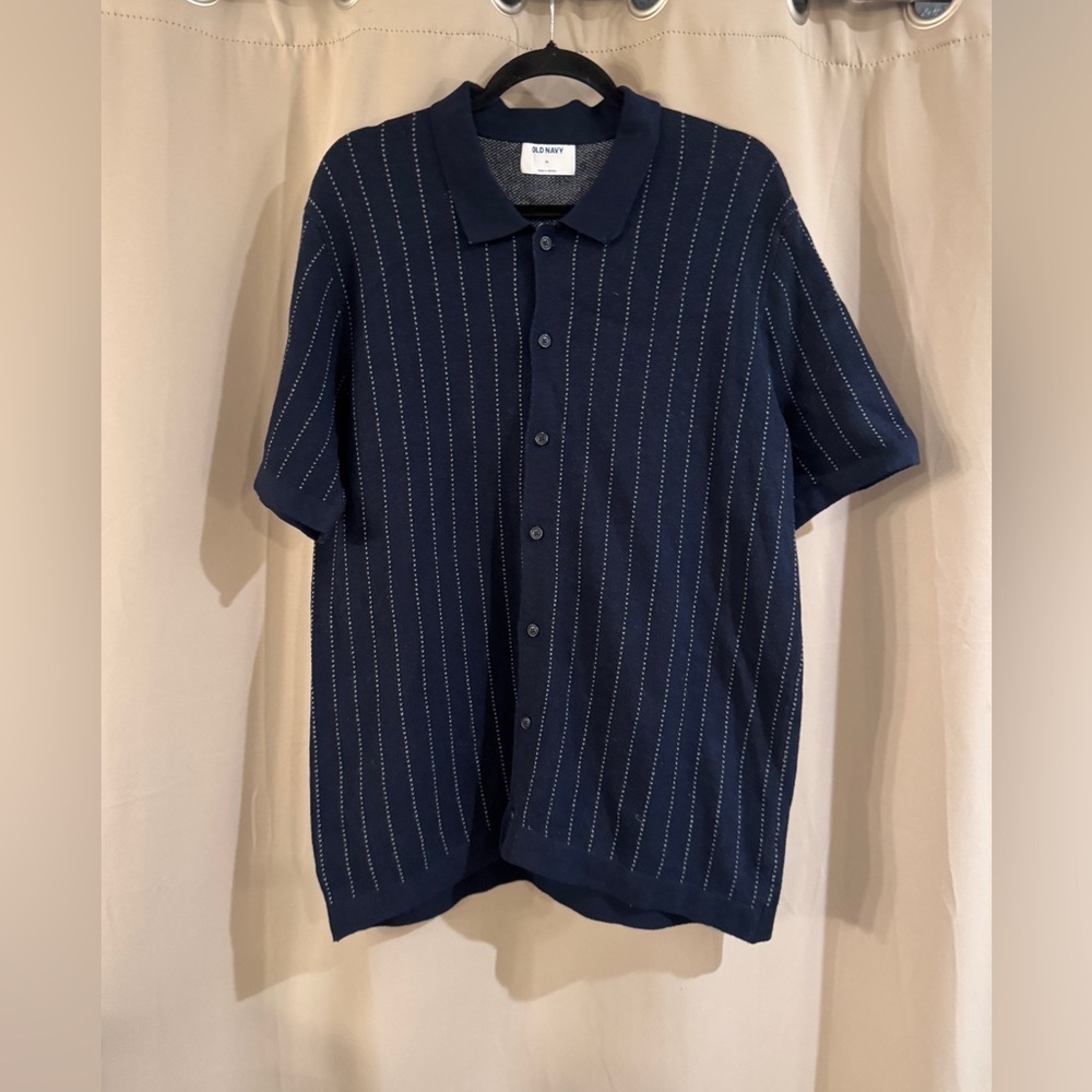Old Navy Men's Navy Short-Sleeve Button Polo with Pinstripes